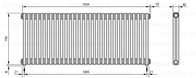 Схема (чертеж) Радиатор Zehnder Charleston 2075/29 №3570 Белый глянцевый RAL 9016